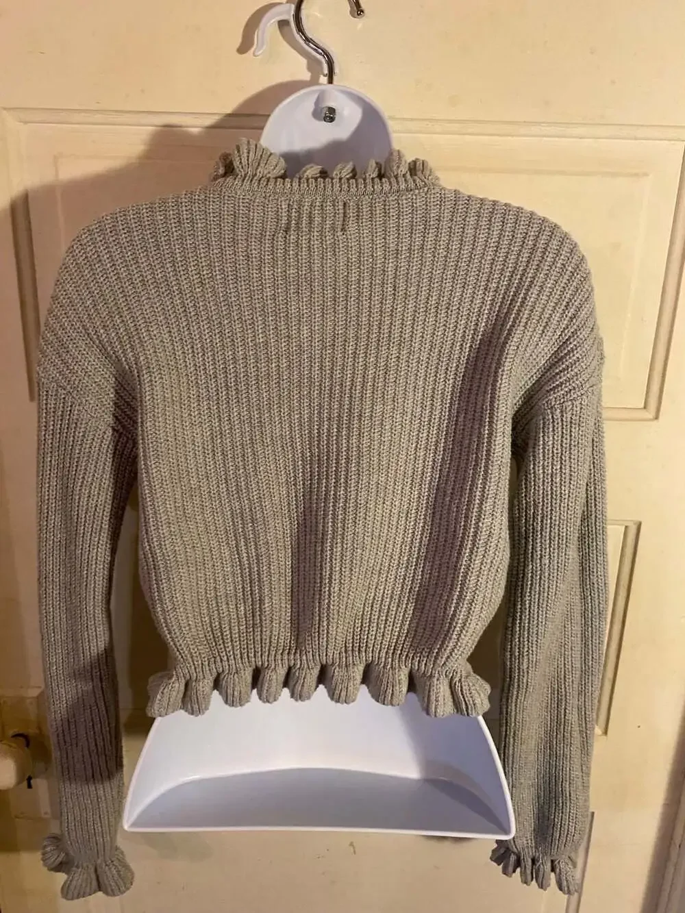Milk & Honey Knitwear Grey Ruffle Trim Mock Neck Cropped Chunky Knit Sweater